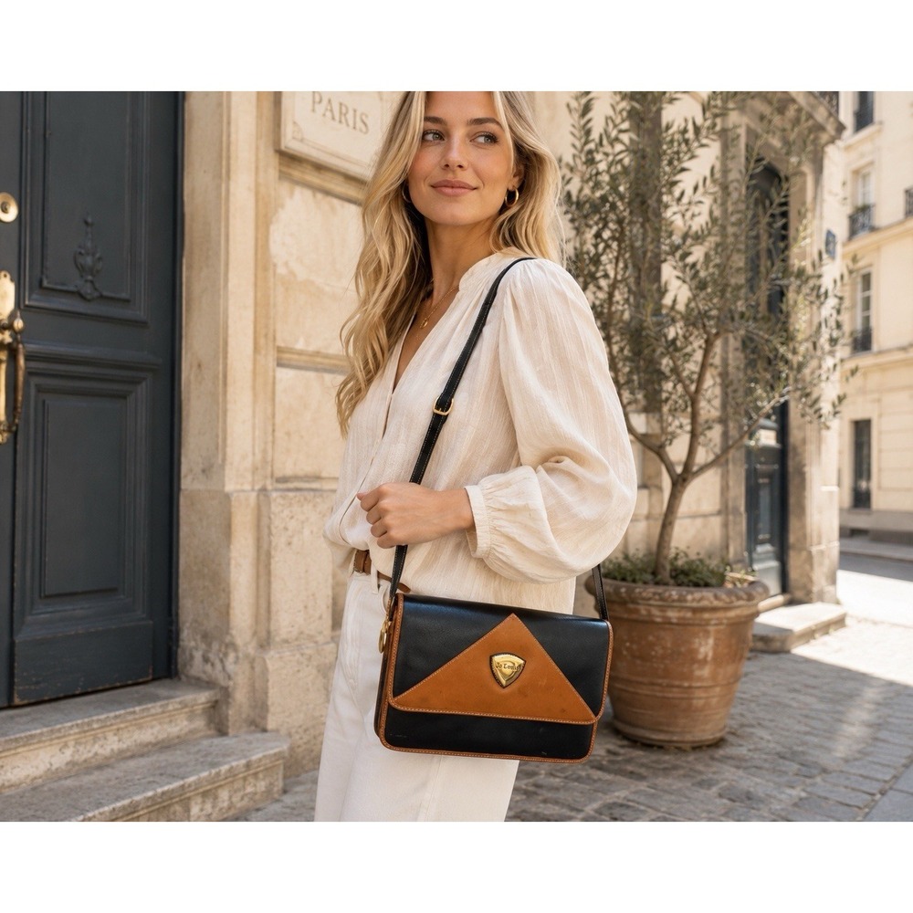 Vintage 80s Jo Louis Paris Leather Shoulder Bag Black Tan Crossbody Purse France